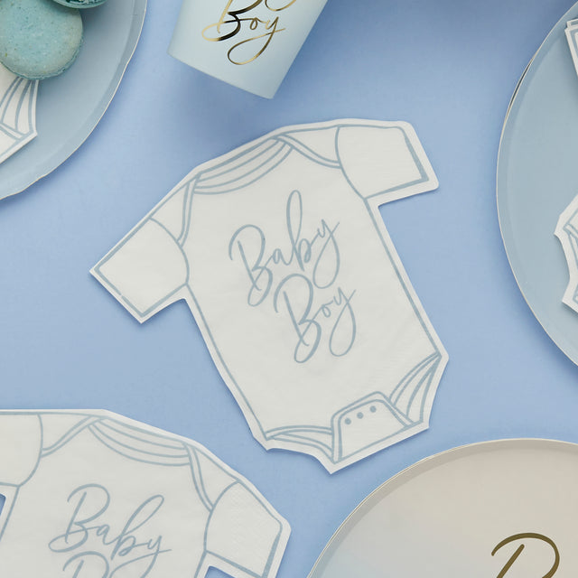 Blue 'Baby Boy' Babygrow Paper Napkins - Set of 16