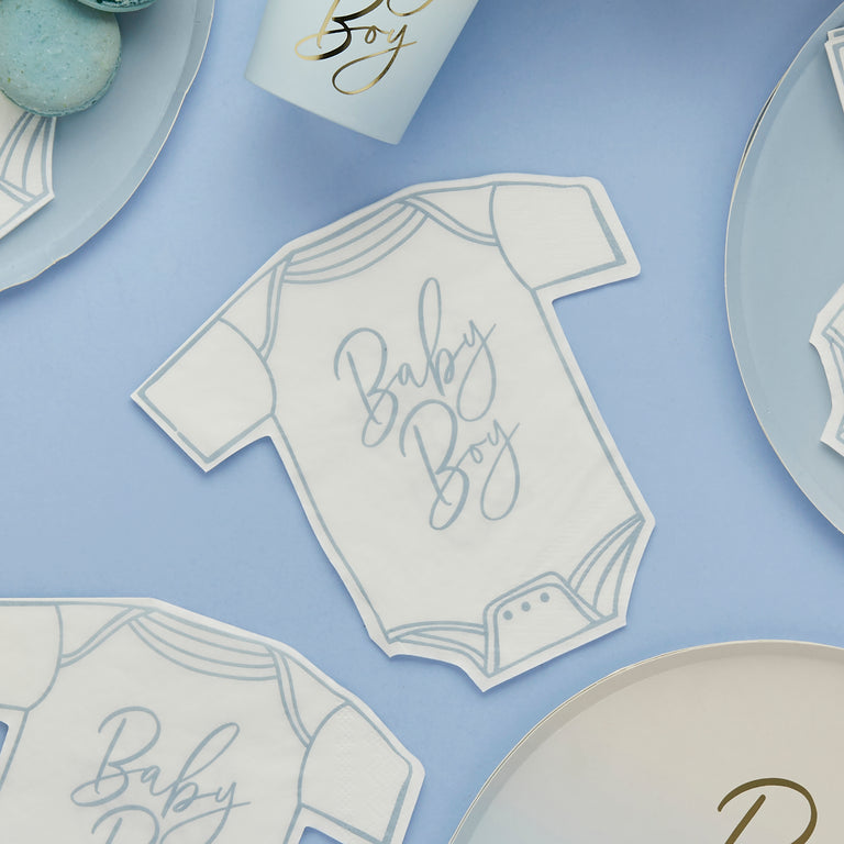 Blue 'Baby Boy' Babygrow Paper Napkins - Set of 16