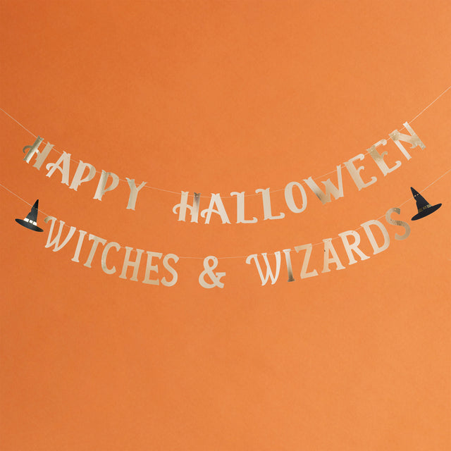 Gold 'Happy Halloween Witches & Wizards' Banner 2m