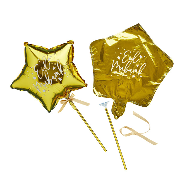 Gold Mini Eid Mubarak Balloon Wands - Pack of 5