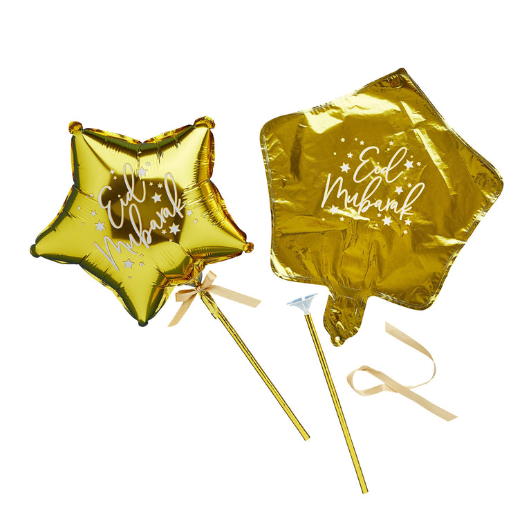 Gold Mini Eid Mubarak Balloon Wands - Pack of 5