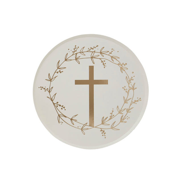 White and Gold Cross Paper Plates