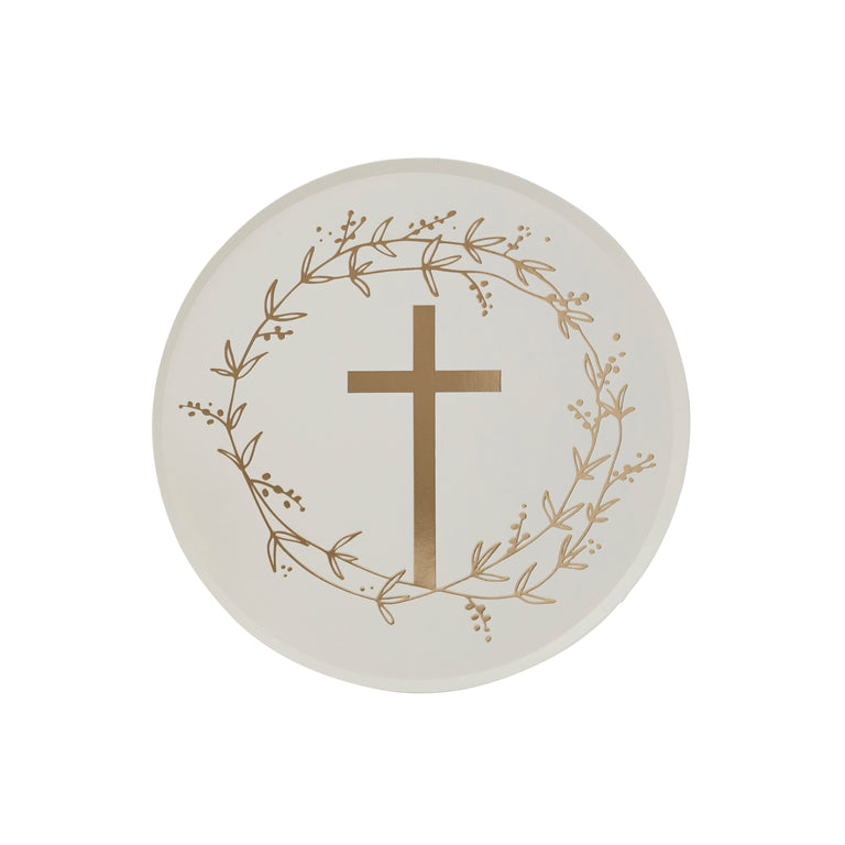 White and Gold Cross Paper Plates
