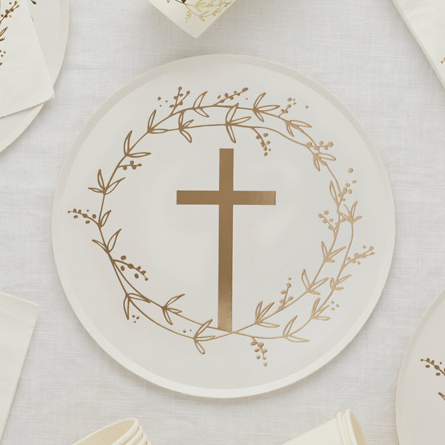 White and Gold Cross Paper Plates