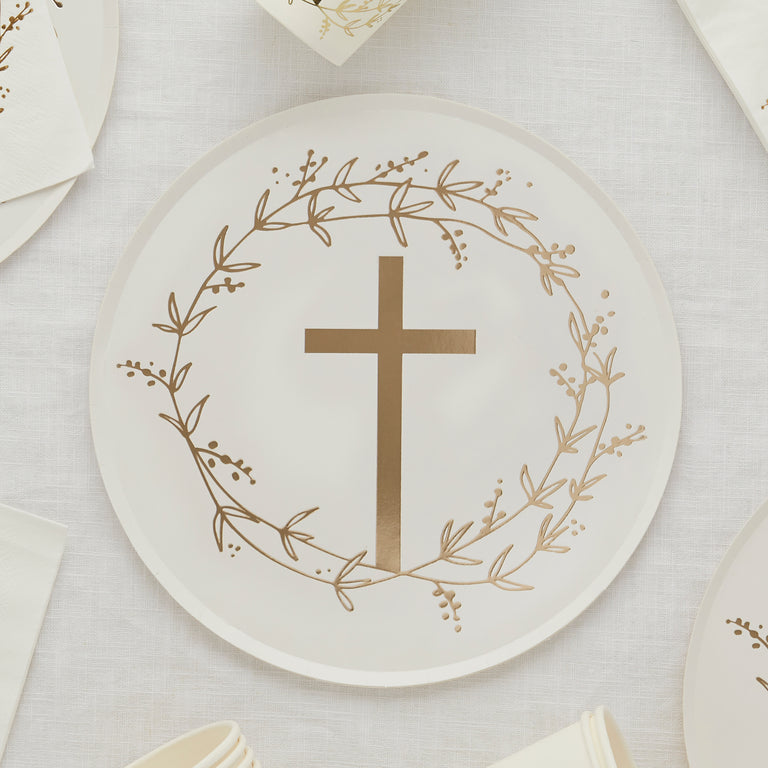 White and Gold Cross Paper Plates