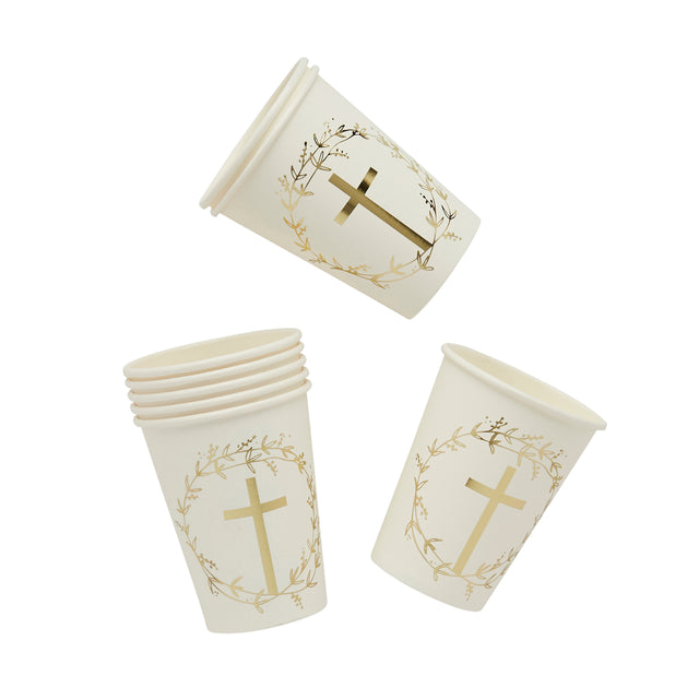 White and Gold Cross Paper Cups