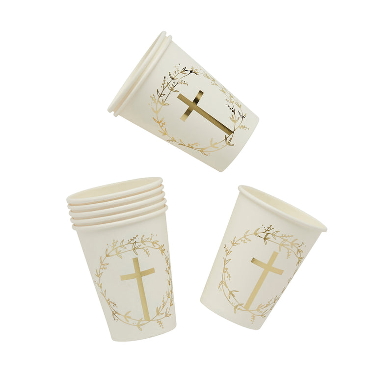 White and Gold Cross Paper Cups