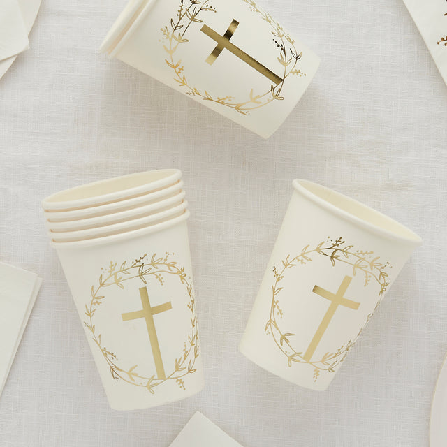 White and Gold Cross Paper Cups