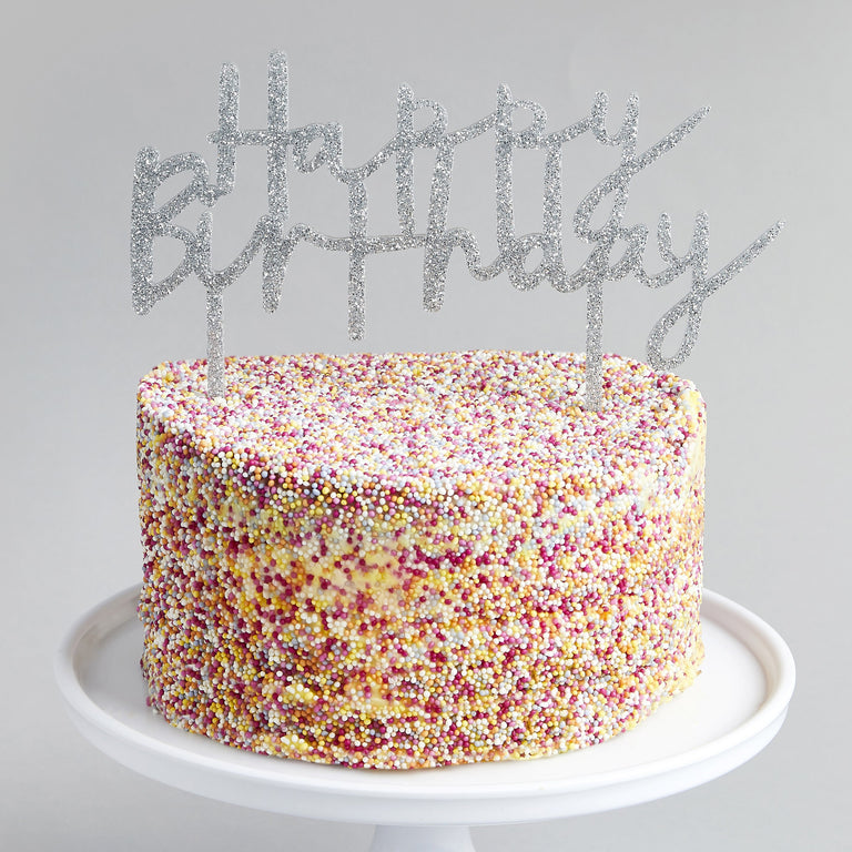 Silver Glitter Acrylic Happy Birthday Cake Topper