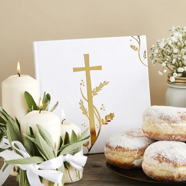 White Guest Book with Gold Cross Motif