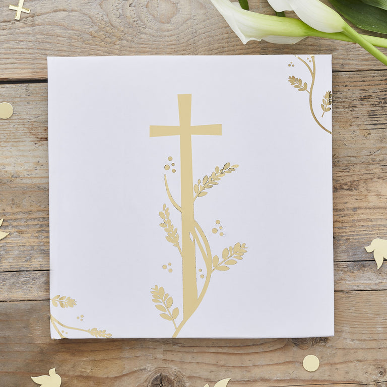 White Guest Book with Gold Cross Motif