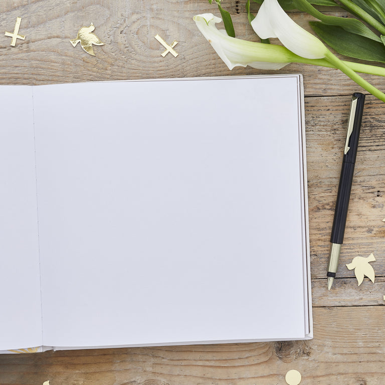 White Guest Book with Gold Cross Motif