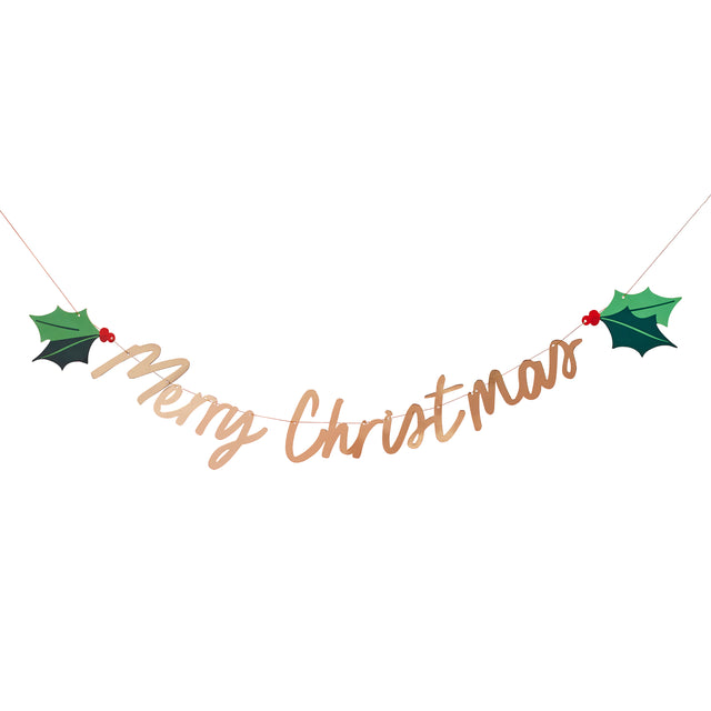 Gold Merry Christmas Holly Banner