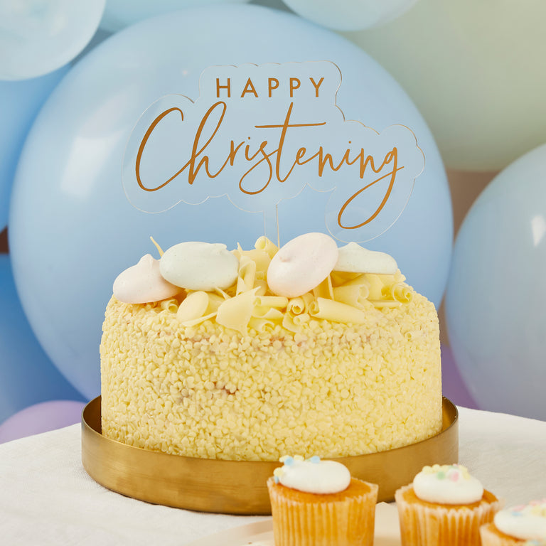 Gold and White Happy Christening Cake Topper