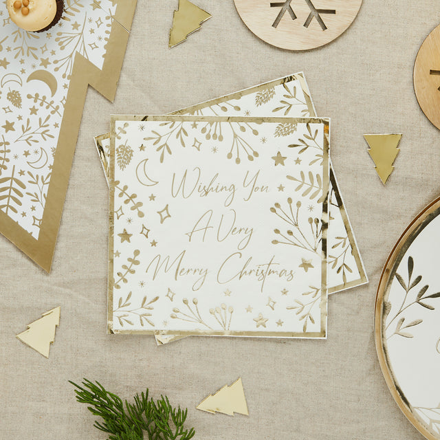 White and Gold Christmas Paper Napkins - Set of 16