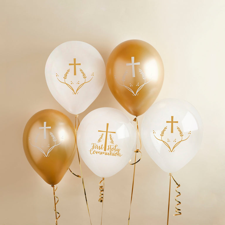 Gold First Holy Communion Latex Balloons - Set of 5