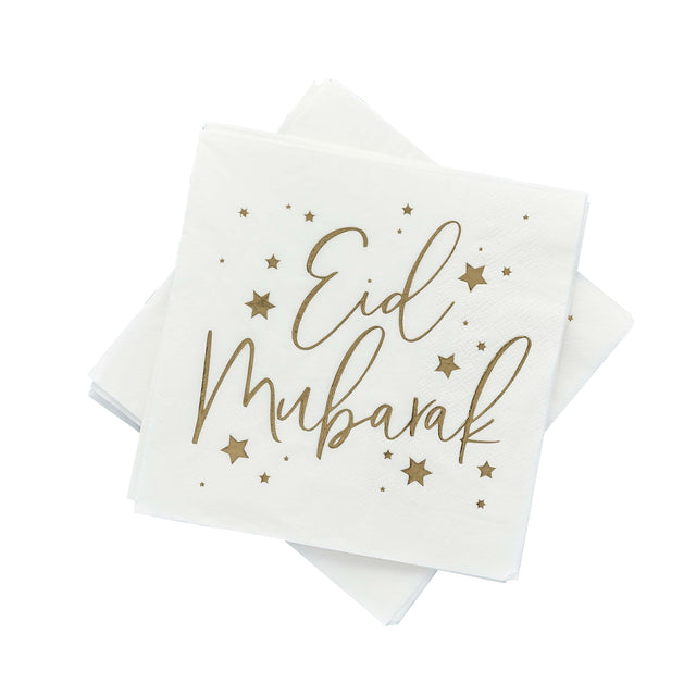 White Eid Mubarak Paper Napkins - Set of 16