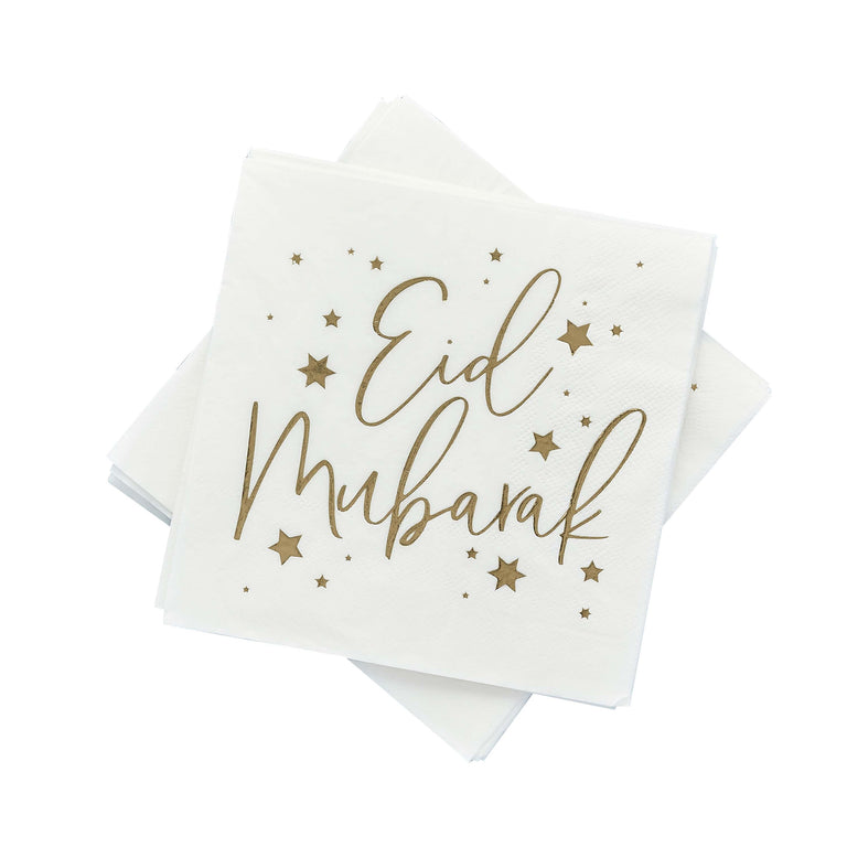 White Eid Mubarak Paper Napkins - Set of 16