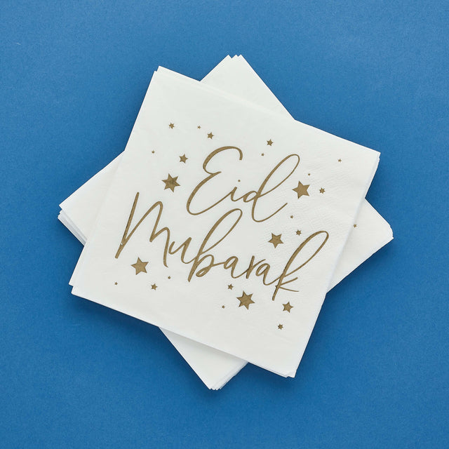 White Eid Mubarak Paper Napkins - Set of 16