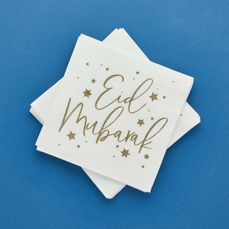 White Eid Mubarak Paper Napkins - Set of 16