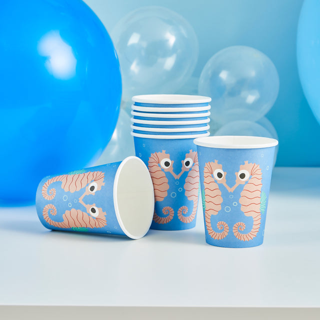 Blue Seahorse Paper Cups - Set of 8