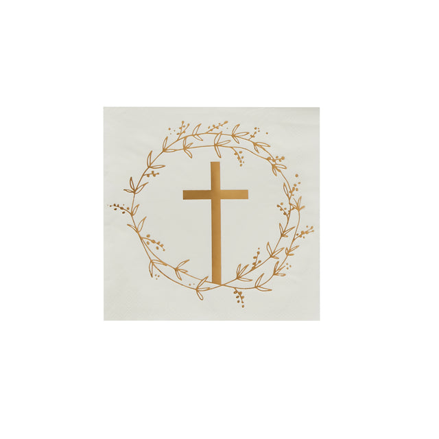 White and Gold Cross Paper Napkins - Pack of 16