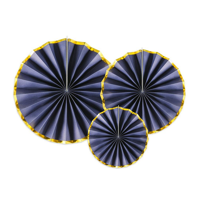 Navy Blue Paper Fans With Gold Edging  - Set of 3