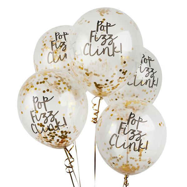 Gold Pop Fizz Clink Confetti Balloons - Set of 5