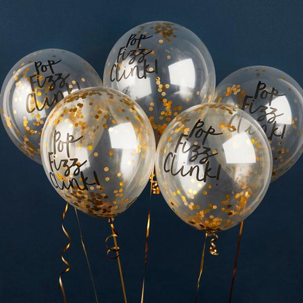 Gold Pop Fizz Clink Confetti Balloons - Set of 5