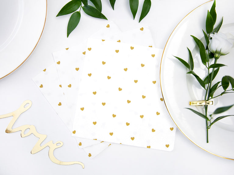 White Napkins with Gold Hearts