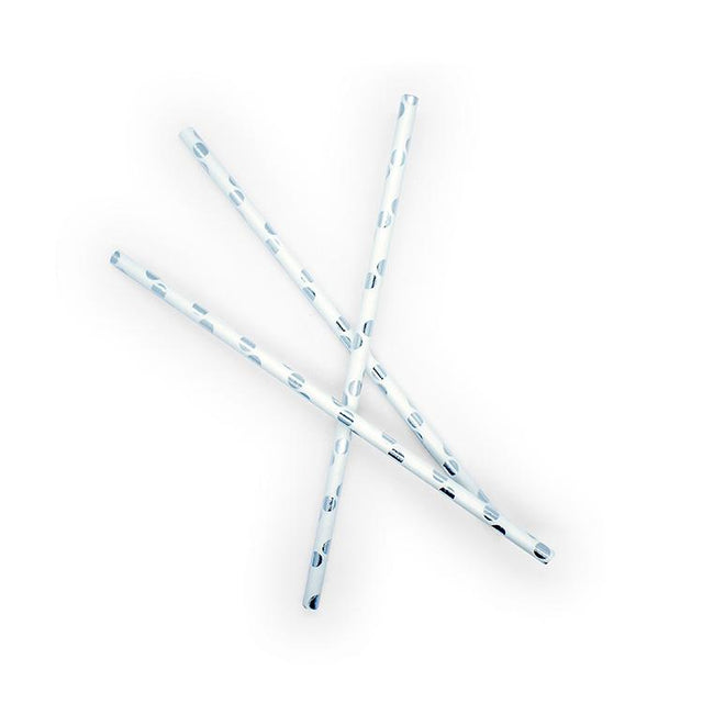 White Paper Straws with Silver Foil Spots - Set of 25