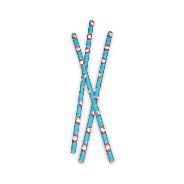Blue Paper Straws with Santa figurines - Set of 25