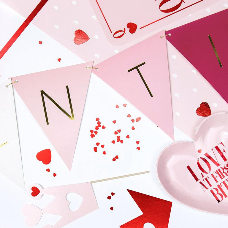 White, Pink and Red Valentine's Bunting with Gold Lettering