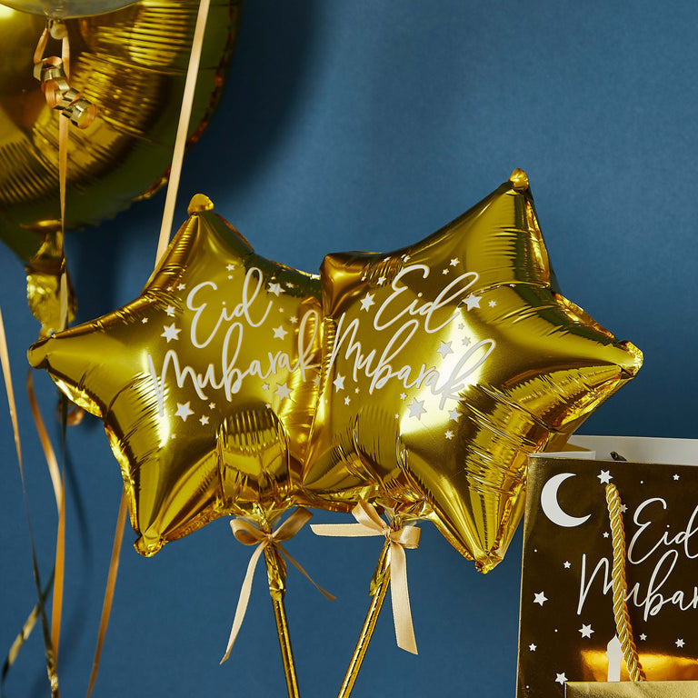 Gold Mini Eid Mubarak Balloon Wands - Pack of 5
