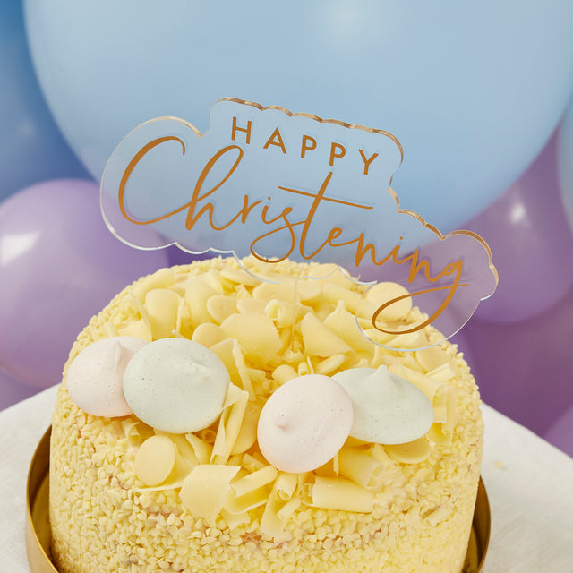 Gold and White Happy Christening Cake Topper