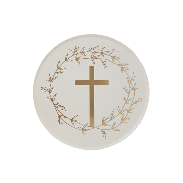 White and Gold Cross Paper Plates - Set of 8