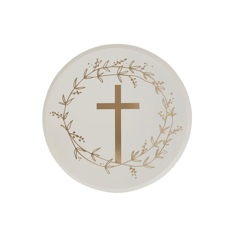 White and Gold Cross Paper Plates - Set of 8
