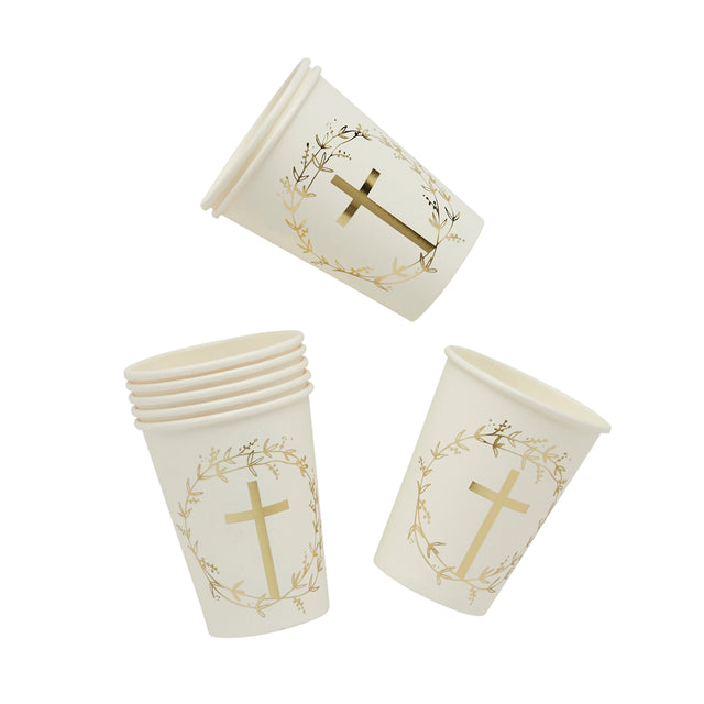 White and Gold Cross Paper Cups - Set of 8