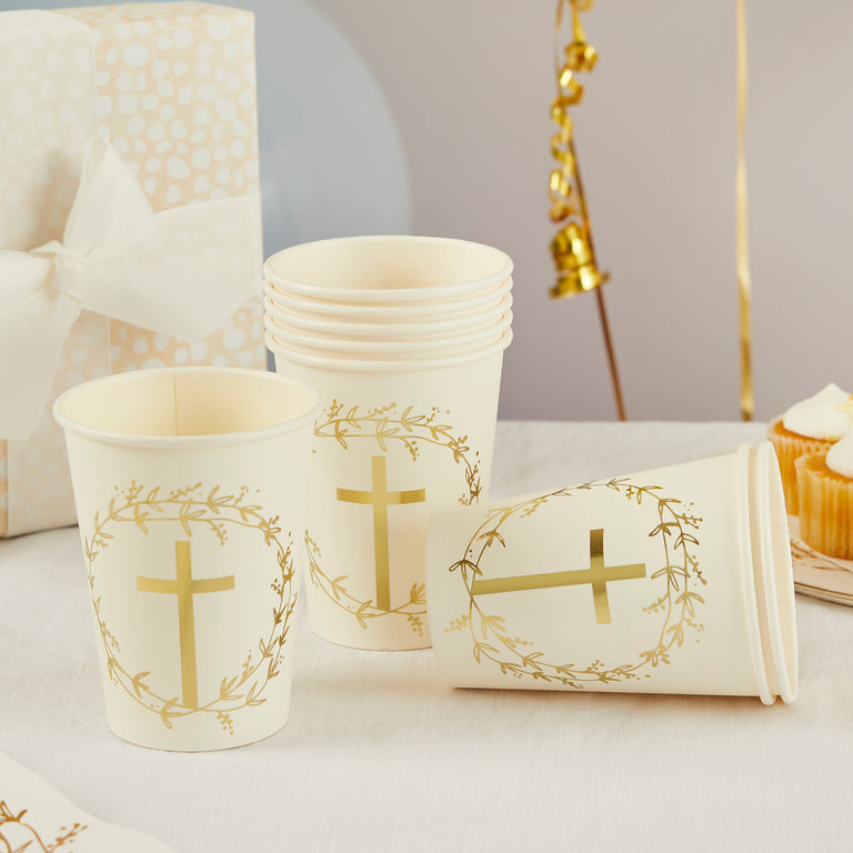 White and Gold Cross Paper Cups - Set of 8