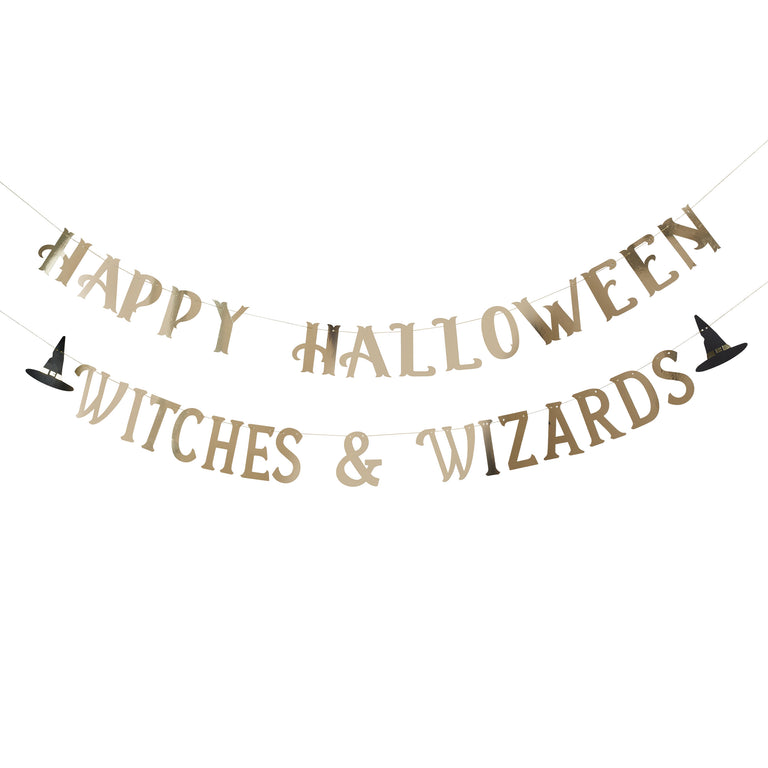 Gold 'Happy Halloween Witches & Wizards' Banner 2m