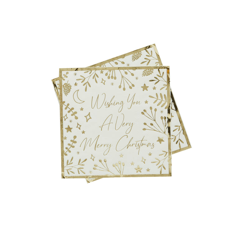 White and Gold Christmas Paper Napkins - Set of 16