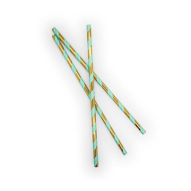 Mint Green and Gold Foil Striped Paper Straws - Set of 25