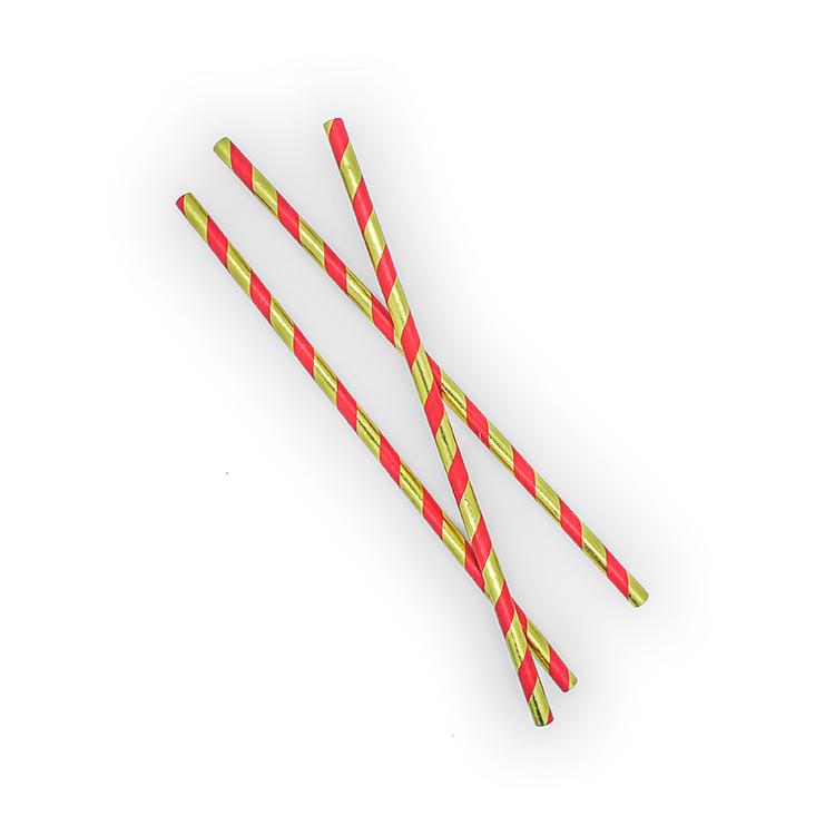 Red and Gold Foil Striped Paper Straws - Set of 25