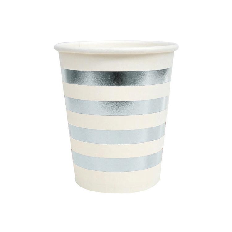 Silver and White Striped Paper Cups - Set of 8